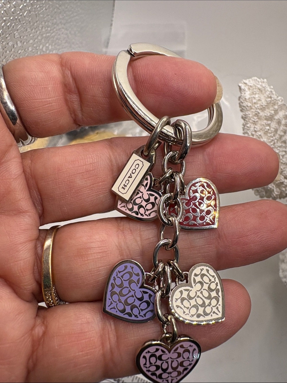 Coach Multicolor Enamel Heart Charm Keyring - Pink, Purple, Cream, Red